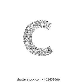 Hand drawn letter C. Floral decorative typography. Decorative handmade font. English alphabet.