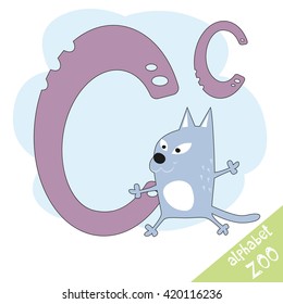 Hand drawn letter C and funny cute cat. Children's alphabet in cartoon style, vector illustration.