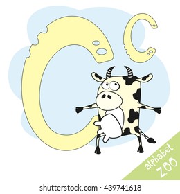 Hand drawn letter C and funny cute cow. Children's alphabet in cartoon style, vector illustration.