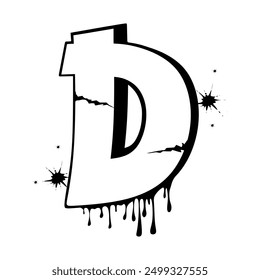 Hand drawn letter D in graffiti style. Vector sprayed element isolated on white background. Black and white decorative font letter D with spray effect for banner, decoration, street art and ads.Vector