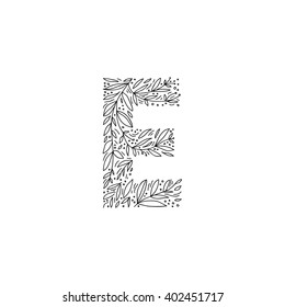 Hand drawn letter E. Floral decorative typography. Decorative handmade font. English alphabet.