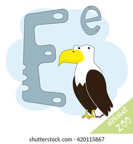 Hand drawn letter E and funny cute eagle. Children's alphabet in cartoon style, vector illustration.