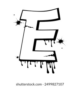 Letra E dibujada a mano en estilo graffiti. Elemento rociado de Vector aislado sobre fondo blanco. Letra de fuente decorativa E en blanco y negro con efecto de pulverización para Anuncio, decoración, arte callejero y anuncios. Vector