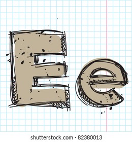 Hand drawn letter E on a writing-book-background. Vector illustration