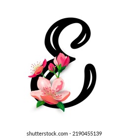 Hand drawn letter E with  spring pink flowers isolated on white background. Vector illustration.
