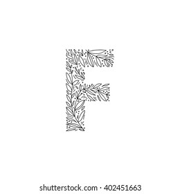 Hand drawn letter F. Floral decorative typography. Decorative handmade font. English alphabet.