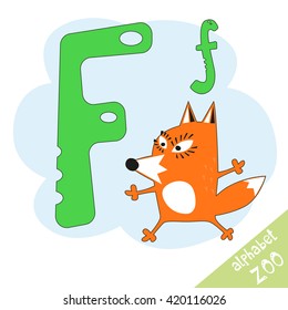 Hand drawn letter F and funny cute fox. Children's alphabet in cartoon style, vector illustration.