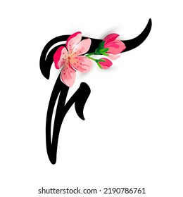 Hand drawn letter F with  spring pink flowers isolated on white background. Vector illustration.