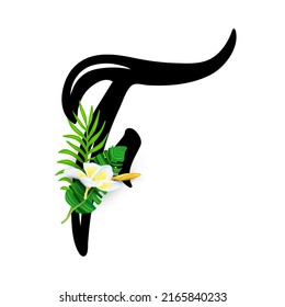 Hand drawn letter F with tropical leaves and plumeria flower isolated on white background. Vector illustration.