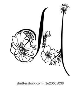 Hand drawn letter with in full bloom flower. Floral letter for your designs: logo, label, stamp, print, monograms, emblems.