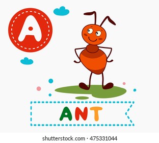 Hand drawn letter A and funny cute ant. Children's alphabet in cartoon style, vector illustration.