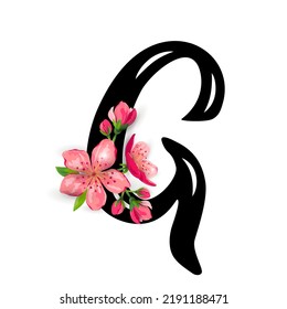 Letra G dibujada a mano con flores rosadas primaverales aisladas en fondo blanco. Ilustración vectorial.