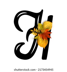 Hand drawn letter H with autumn leaves isolated on white background. Vector illustration.