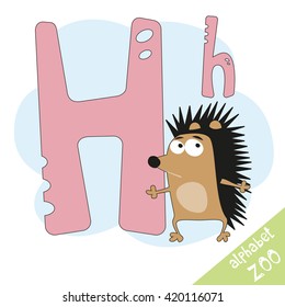 Hand drawn letter H and funny cute hedgehog. Children's alphabet in cartoon style, vector illustration.