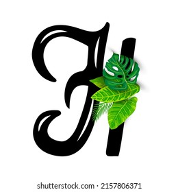 Hand drawn letter H with tropical leaves  isolated on white background. Vector illustration.