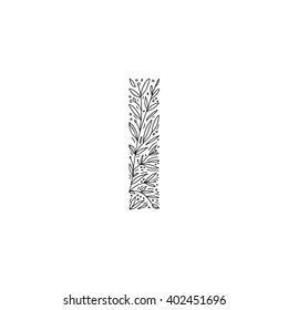 Hand drawn letter I. Floral decorative typography. Decorative handmade font. English alphabet.