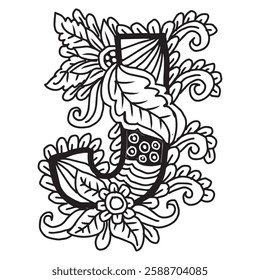 Hand drawn letter J with floral ornament. Vector illustration for coloring page