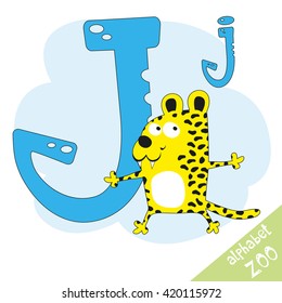 Hand drawn letter J and funny cute jaguar. Children's alphabet in cartoon style, vector illustration.