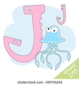 Hand drawn letter J and funny cute jellyfish. Children's alphabet in cartoon style, vector illustration.