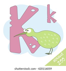 Hand drawn letter K and funny cute kiwi. Children's alphabet in cartoon style, vector illustration.