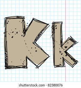 Hand drawn letter K on a writing-book-background. Vector illustration