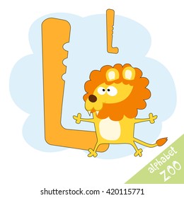 Hand drawn letter L and funny cute lion. Children's alphabet in cartoon style, vector illustration.