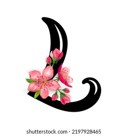 Hand drawn letter L with  spring pink flowers isolated on white background. Vector illustration.