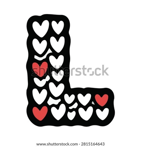 Hand Drawn Letter L with White and Red Hearts Pattern. A decorative alphabet letter L featuring a doodle style filled with white hearts and three red hearts within a bold black outline. Ideal for Valentine's Day or romantic designs.