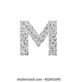 Hand drawn letter M. Floral decorative typography. Decorative handmade font. English alphabet.