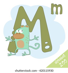 Hand drawn letter M and funny cute monkey. Children's alphabet in cartoon style, vector illustration.