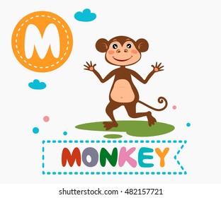 Hand drawn letter M and funny cute monkey. Children's alphabet in cartoon style, vector illustration.