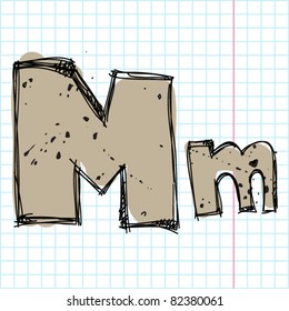 Hand drawn letter M on a writing-book-background. Vector illustration