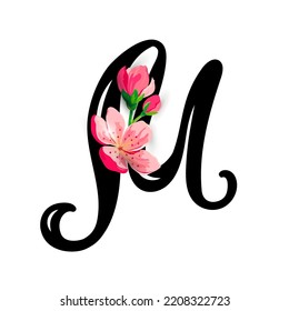 Hand drawn letter M with  spring pink flowers isolated on white background. Vector illustration.
