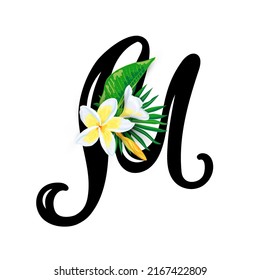 Hand drawn letter M with tropical leaves and plumeria flower isolated on white background. Vector illustration.