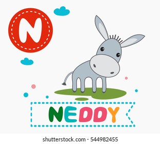 Hand drawn letter N and funny cute neddy. Children's alphabet in cartoon style, vector illustration.