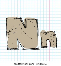 Hand drawn letter N on a writing-book-background. Vector illustration