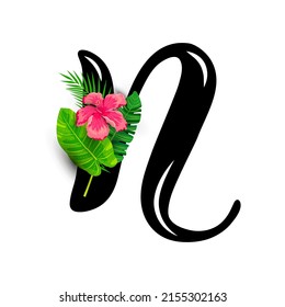 Hand drawn letter N with tropical leaves and hibiscus flower isolated on white background. Vector illustration.