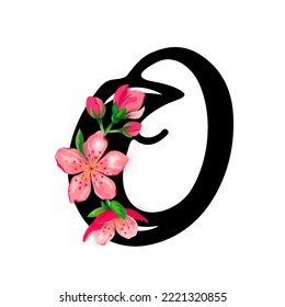 Hand drawn letter O with  spring pink flowers isolated on white background. Vector illustration.