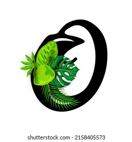 Hand drawn letter O with tropical leaves  isolated on white background. Vector illustration.