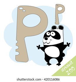 Hand drawn letter P and funny cute panda. Children's alphabet in cartoon style, vector illustration.