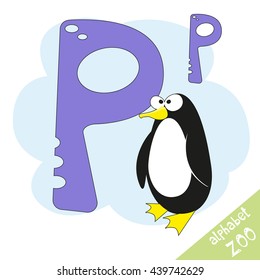 Hand drawn letter P and funny cute penguin. Children's alphabet in cartoon style, vector illustration.