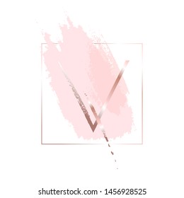 Hand drawn letter “V” and pink brush stroke in gold square frame. Vector logo.