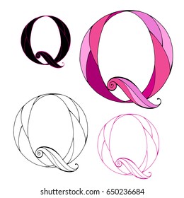 Hand drawn letter "Q". Color and graphic variations. Vector letter for logo design, monogram, tattoo.