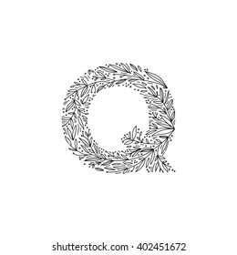 Hand drawn letter Q. Floral decorative typography. Decorative handmade font. English alphabet.