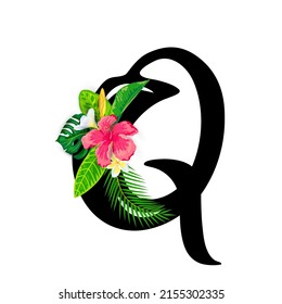 Hand drawn letter Q with tropical leaves and flowers isolated on white background. Vector illustration.