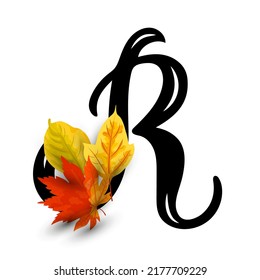 Hand drawn letter R with autumn leaves isolated on white background. Vector illustration.