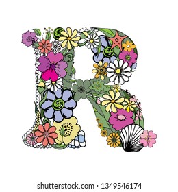 Hand drawn letter R with  doodle flowers. Colorful Floral Alphabet in style of dudling. Drawing from the branches of leaves, plants, shells. Isolated on white background.