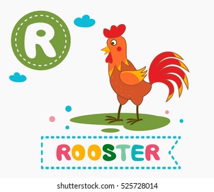 Hand drawn letter R and funny cute rooster. Children's alphabet in cartoon style, vector illustration.