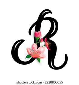 Hand drawn letter R with  spring pink flowers isolated on white background. Vector illustration.
