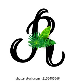 Hand drawn letter R with tropical leaves  isolated on white background. Vector illustration.